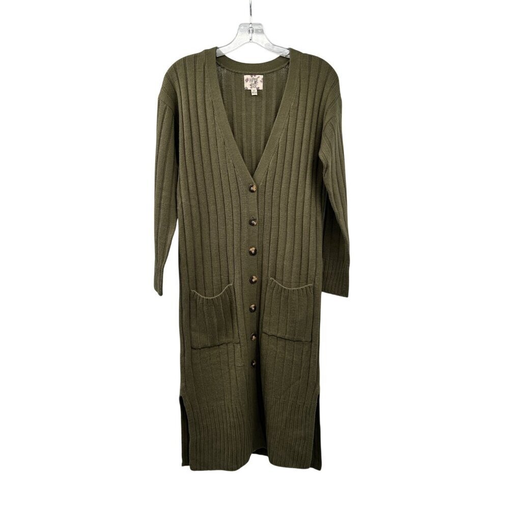 Hippie Rose Knit Duster Cardigan Button Up Long Sleeve Ribbed Green Size XS